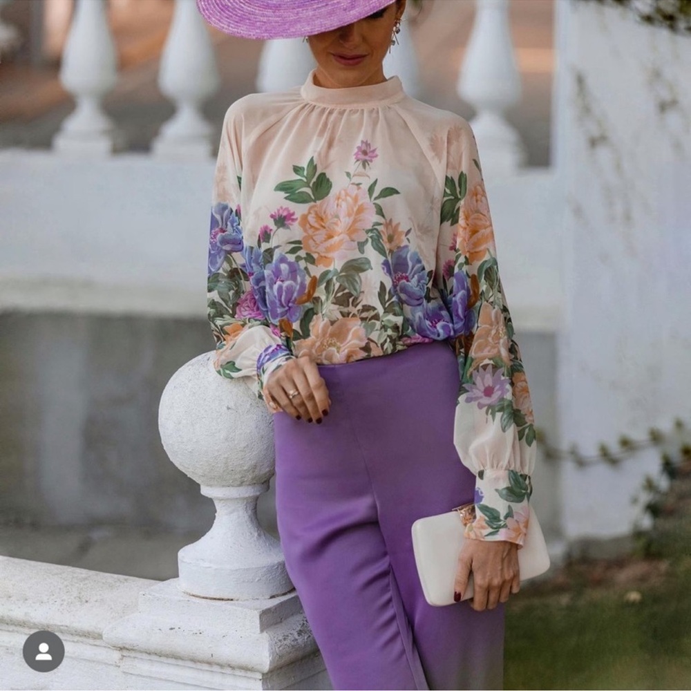 Zara Floral Cream Blouse with Purple and Peach Blooms - Picture 4 of 9
